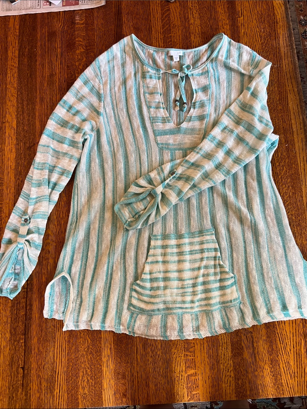 JJill Women’s Striped Tie-Neck Pullover Top - Aqua & Cream